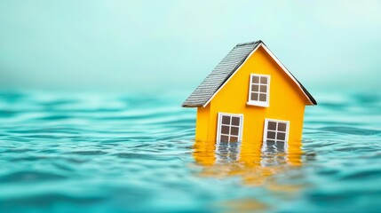 A miniature yellow house partially submerged in calm water, symbolizing flooding or natural disaster scenarios.