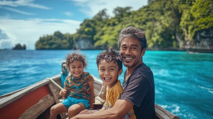 Fototapeta premium A joyful boat trip with two children and an adult against a scenic water backdrop.