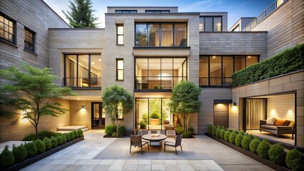 Sleek and modern, this townhouse features clean lines, a neutral color scheme, and ample windows, with a private