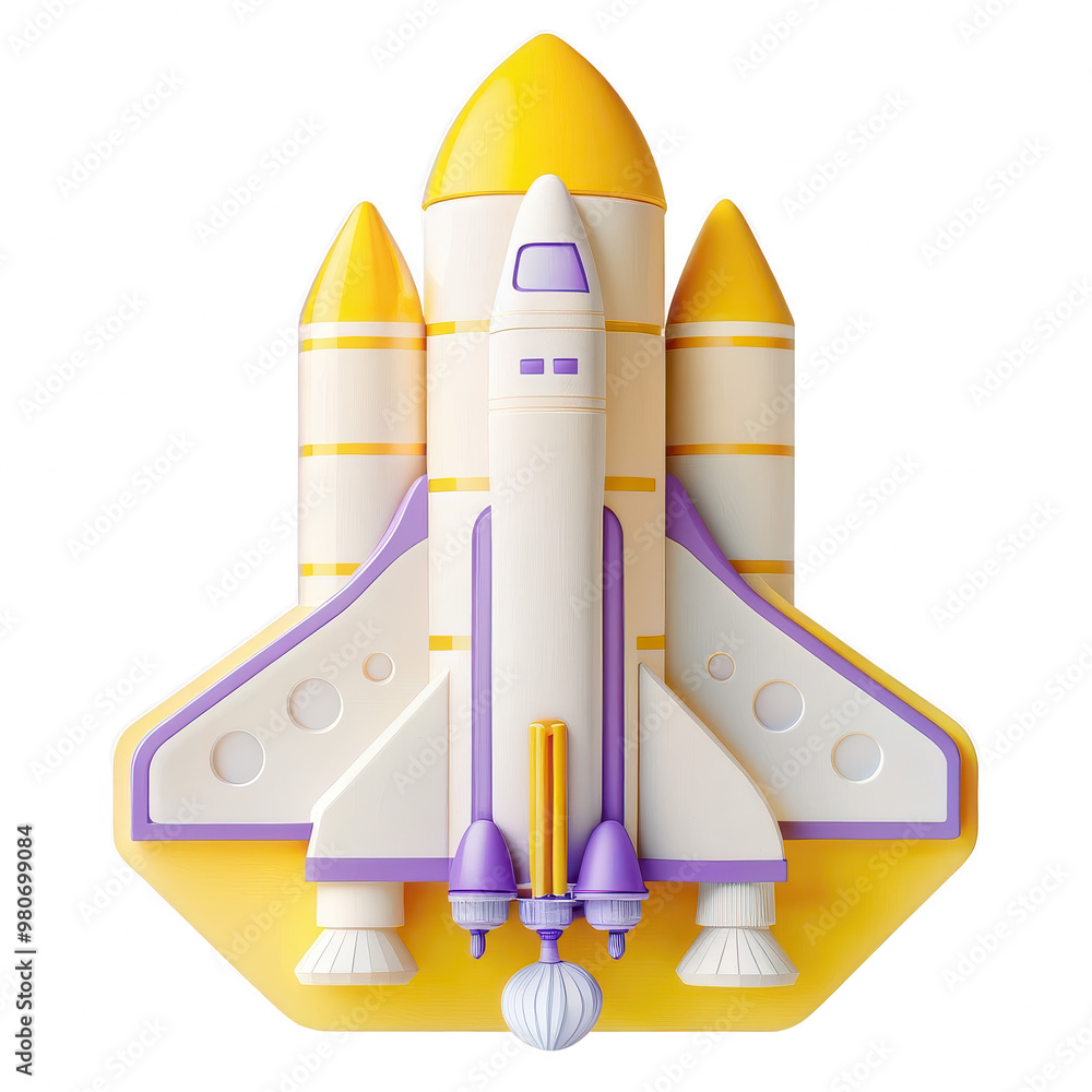 Poster 3d rendering of a colorful spaceship model in bright yellow and purple colors with a vibrant design.