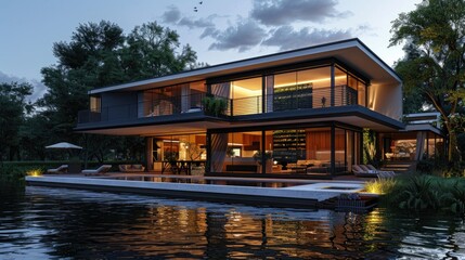 Obraz premium Modern house by the river at evening.