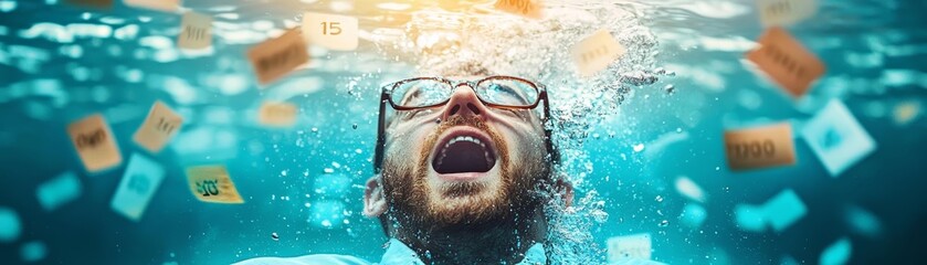 Fototapeta premium A man struggles underwater, surrounded by floating objects, capturing a moment of desperation and chaos in a creative setting.