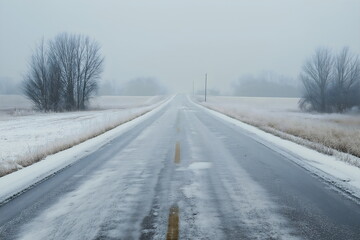 Fototapeta premium Straight road through fields with thin layer of snow and ice
