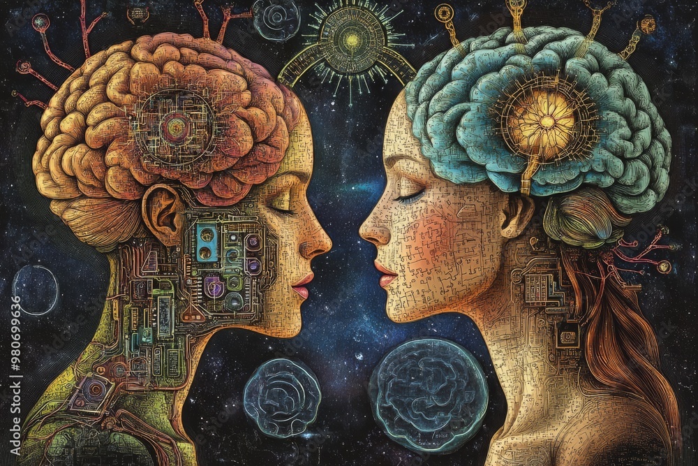 Poster artistic profile of two women with exposed brain circuits representing the fusion of organic thought