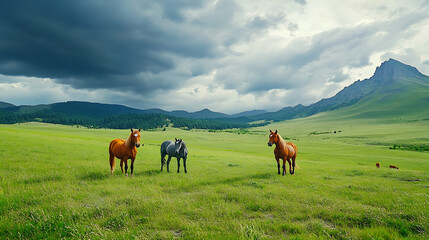 Fototapeta premium Horses grazing on the meadow in the mountains under cloudy sky