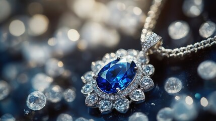 A luxurious blue gemstone pendant surrounded by sparkling diamonds.