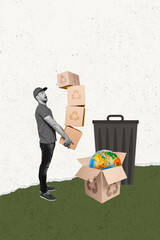 Creative vertical poster collage young man courier service job worker rubbish bin carton box...