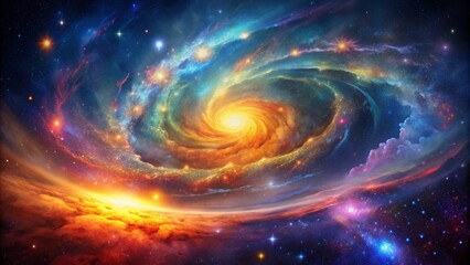 Fototapeta premium Vibrant watercolor depiction of a shimmering neon galaxy with radiant stars, swirling clouds of gas and dust, set against a deep cosmic universe background.