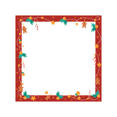 Vector cartoon Christmas frame design, featuring Christmas tree, snowman, and Santa Claus decorations. Transparent background.