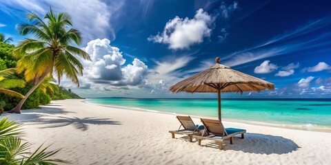 Obraz premium Serene tropical paradise featured in wide panoramic landscape with pristine white sand, beach chairs, umbrella, and turquoise ocean waters under sunny blue sky.