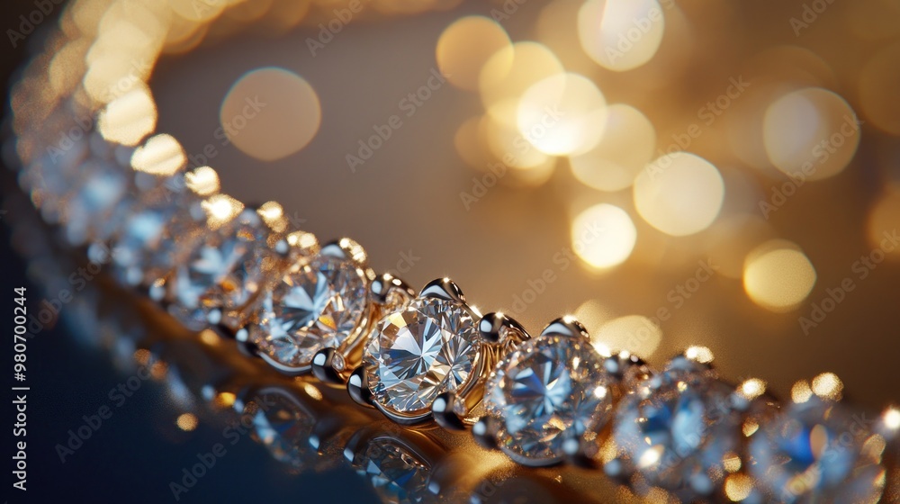 Sticker A close-up view of a sparkling diamond necklace with a warm bokeh background.