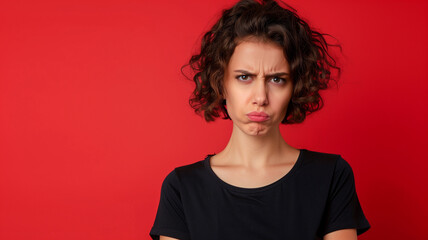 Portrait of a woman with angry face expression isolated on red background