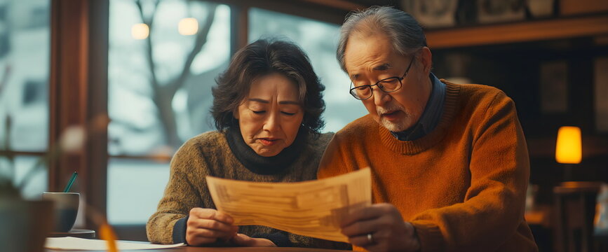 Elderly couple reviewing documents with concerned expressions. Financial planning and decision-making in later life