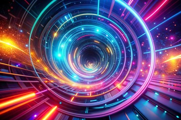 Obraz premium Vibrant neon lights swirl through a futuristic digital vortex, creating a mesmerizing abstract background with a sense of advanced technology and innovation.