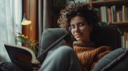 Obraz premium Woman relaxes in armchair, reading a book