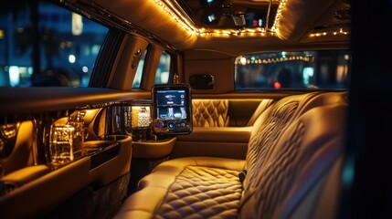 Fototapeta premium Luxurious interior of a limousine with ambient lighting and plush seating.
