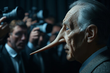 Political person with very long nose like Pinocchio being photographed by crowd of reporters, highlighting mendacity of politicians and public figures, sweet lies to public
