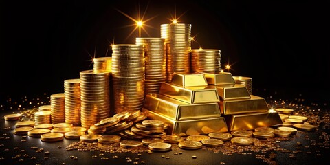 A luxurious pile of gold coins and bars sparkling against a black background, epitomizing wealth, prosperity, and financial success.
