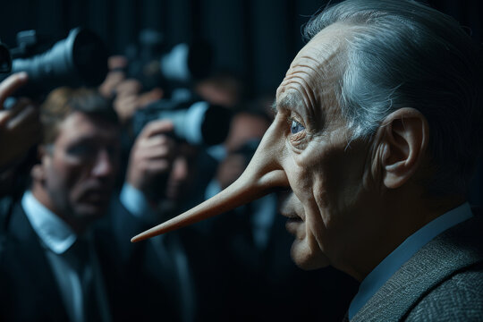 Political person with very long nose like Pinocchio being photographed by crowd of reporters, highlighting mendacity of politicians and public figures, sweet lies to public