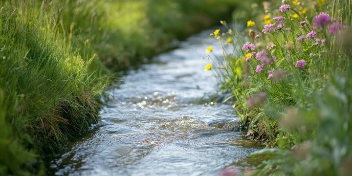 A small stream flows through green grass with pink flowers.