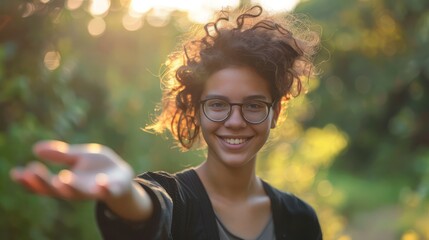 Smiling woman with curly hair reaches out