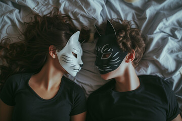 Lovers couple wearing black and white cat masks lie on bed, evoking mysterious and intimate atmosphere, role play adult sexual game concept, top view