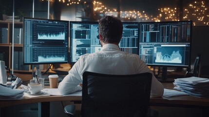 Man analyzing financial data on multiple computer screens in a modern office, working late at night, financial analysis concept