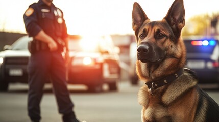 Police officer with German Shepherd K9 in action, crime scene investigation, sunset concept
