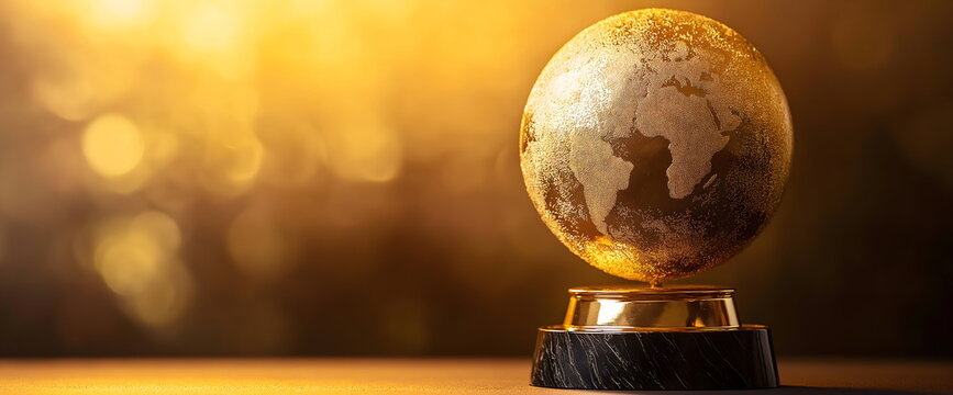 Golden globe trophy with world map design on marble base