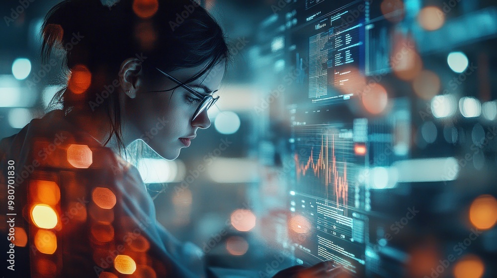 Poster a focused individual analyzes data on a digital interface, highlighting technology and analysis.