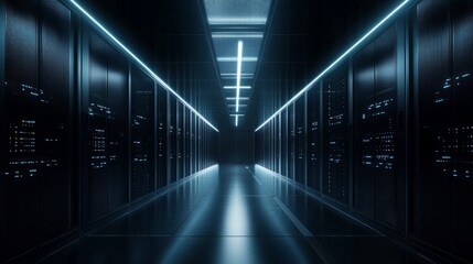 Futuristic Data Center Hallway With Glowing Blue Lights, High Tech Infrastructure Concept