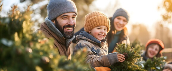 Fototapeta premium Joyful family choosing Christmas tree at festive market. Father and son bonding over holiday traditions