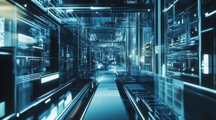 Futuristic, high-tech server room, advanced data center, glowing lights, modern technology concept