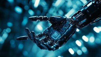 Futuristic robotic hand with advanced technology, bionic arm in metallic design, glowing in blue, cybernetic innovation concept