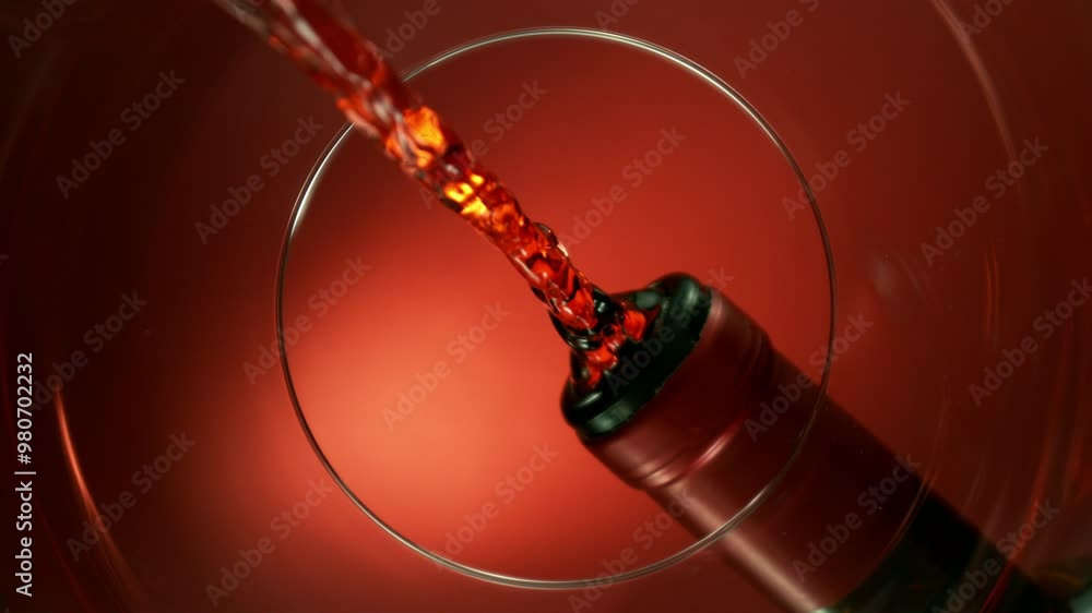 Poster super slow motion of pouring red wine into glass. unique perspective composition from bottom of the 