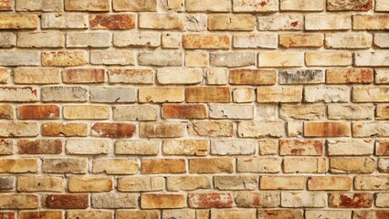 Fototapeta premium Weathered cream-colored old brick wall texture with subtle cracks and faded mortar lines, providing a warm, distressed, and rustic background for creative project use.