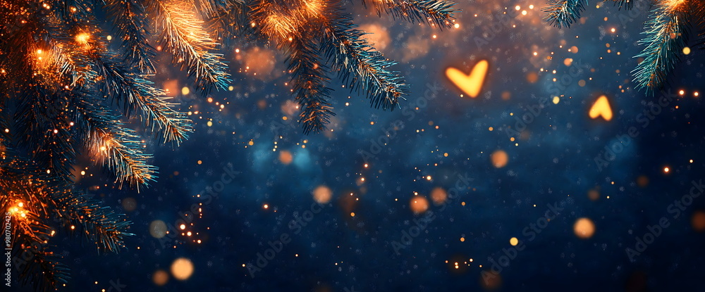 Wall mural magical christmas background with glowing pine branches and bokeh lights. place for text