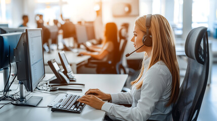 Dedicated Call Center Employee Engaging with Clients Through Efficient Communication and Technology in a Bright Office Environment