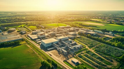Fototapeta premium Industrial factory surrounded by green fields, aerial view of manufacturing plant during sunset, industrial production concept