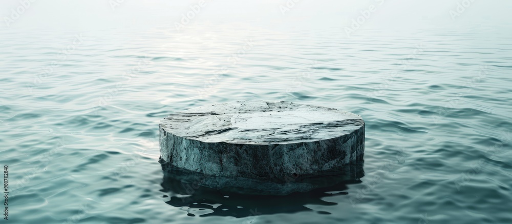 Poster a stone podium showcasing a product floating in water against a white backdrop visible from above wi
