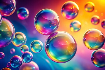 Vibrant iridescent bubbles float against a mesmerizing gradient background, shifting from pink to blue to yellow, creating a kaleidoscope of colors and visual interest.