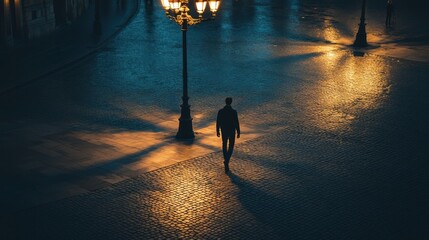 A solitary figure walks on a cobblestone street illuminated by vintage streetlights at night.