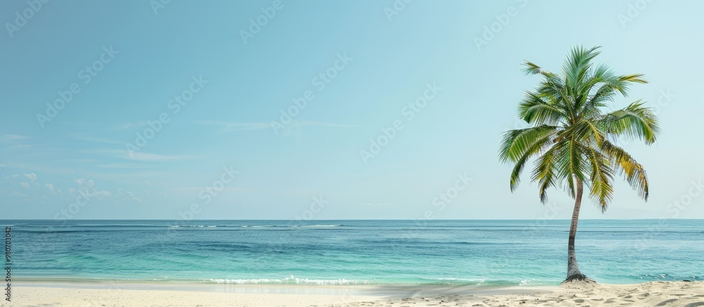 Poster tropical beach with a palm tree offers a serene setting with a copy space image