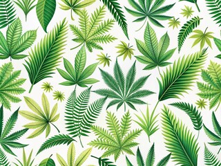 Vibrant green leaf pattern featuring ferns, palm trees, and cannabis, isolated on a white background, in a seamless vector illustration ideal for wallpapers and designs.