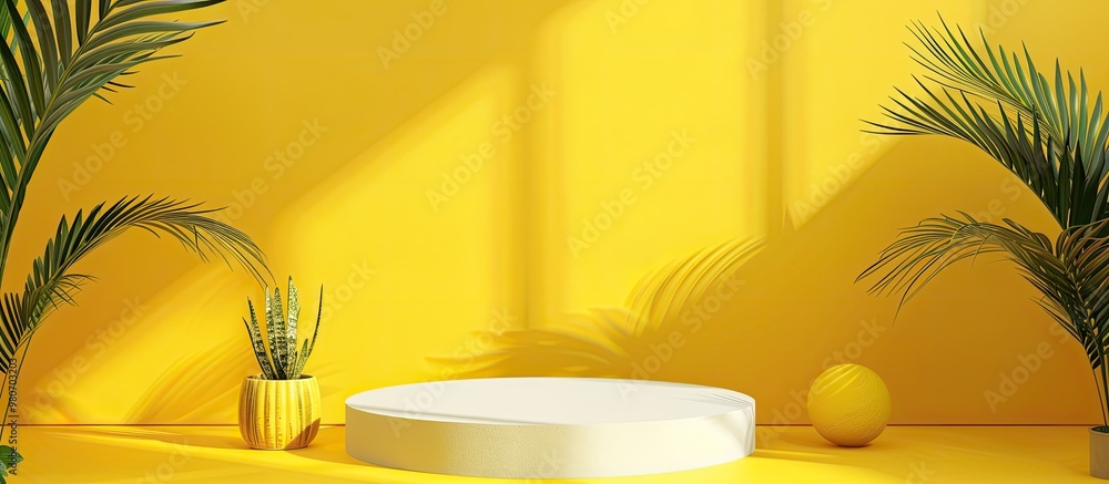Poster studio interior with an empty podium for product display against a yellow background creates a summe