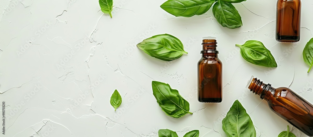 Poster basil essential oil and fresh leaves displayed with copy space image for text on a white background 