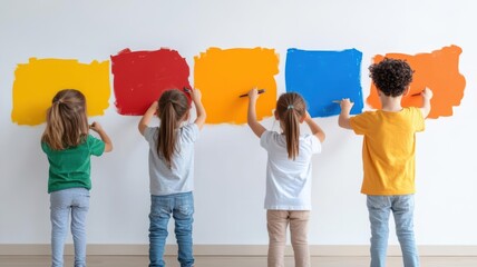 Group of children painting a giant mural on a wall, each adding their own unique touch, symbolizing creativity and collaboration, Children, creativity, art, teamwork