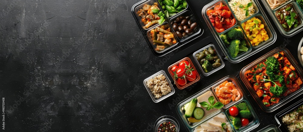 Poster glass containers with various meals and products displayed on a black table in a flat lay style offe