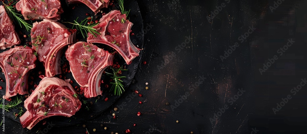 Aufkleber top view of raw lamb chops and fresh mutton cutlets on ribs with a dark background offering ample co