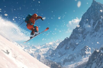 A skier performs a jump in a snowy mountain landscape under a clear blue sky.